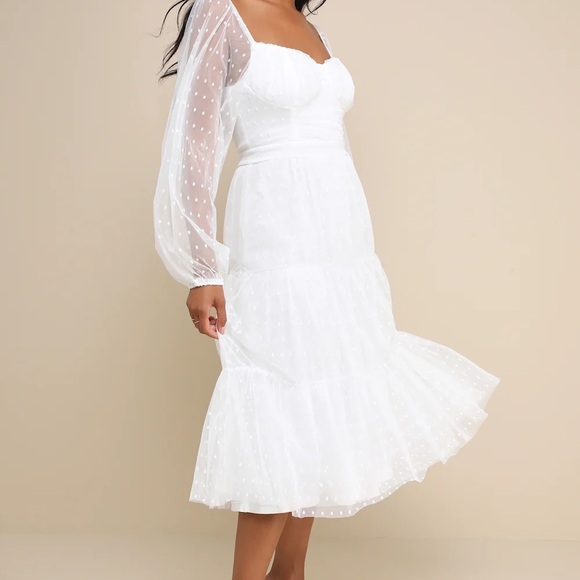 Lulus Affectionate Aura White Swiss Dot Tiered Bustier Midi Dress - Picture 2 of 3